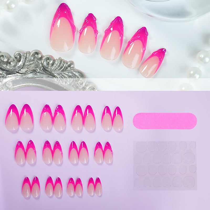 ASABITE 24 Pcs Almond Press on Nails Medium Fake Nails Kit Pink French Tip False Nails with 3D Design Almond Nail Tips Acrylic Nails Press ons Glossy Holiday Glue on Nails Reusable Stick on Nails for Women - Image 3